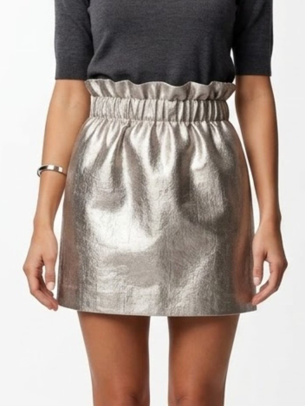 H&M Silver Metallic Paperbag Waist Mini Skirt Cyber Rave Y2K Space Age Size 6
